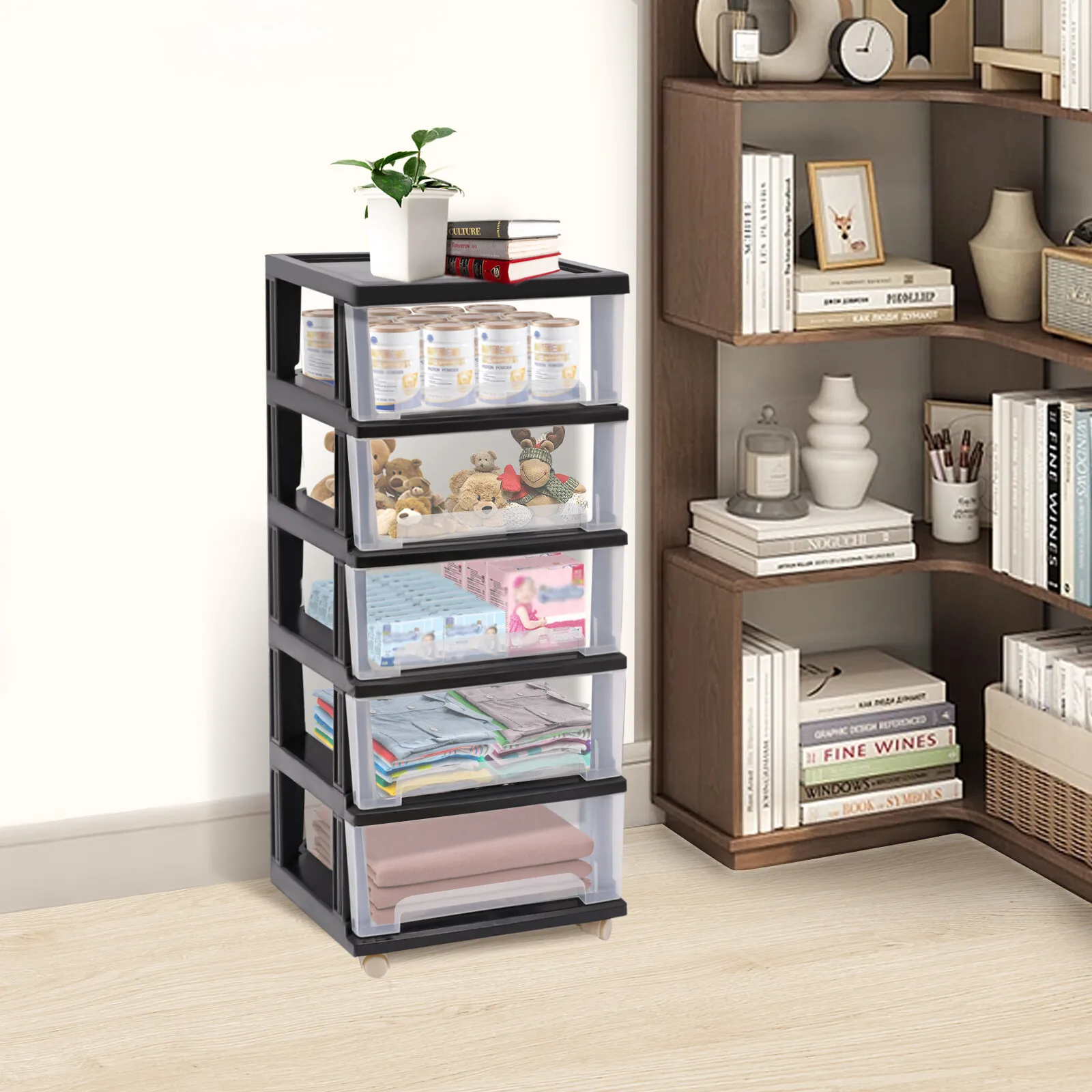 Organizzatore di stoccaggio a 5 cassetti, altezza 98 cm, armadio a torre in materiale PP per l'organizzazione dell'ufficio e della casa