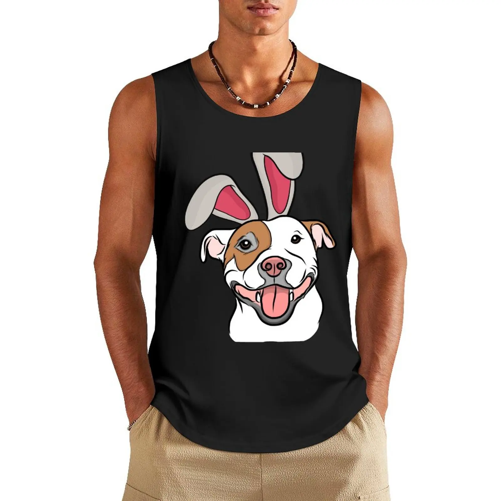 Happy Go Lucky Pit Bull Bunny Tank Top cotton t-shirts man muscle t-shirt muscular man