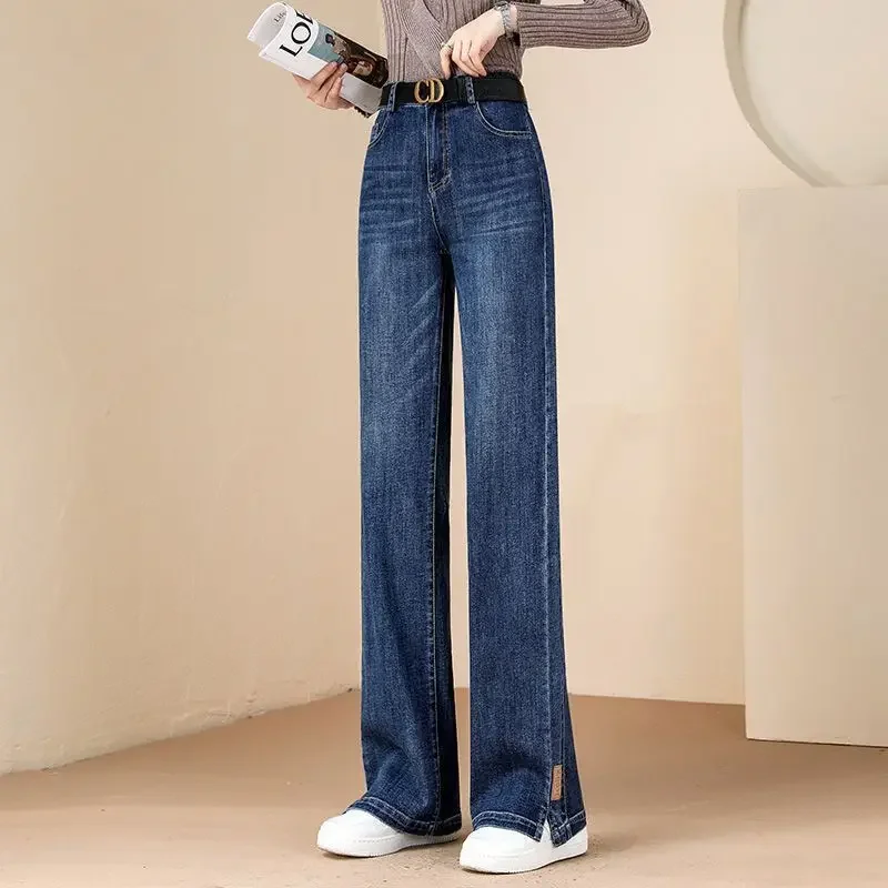 

Darkblue Side Slit Jeans Women Slim Spring and Autumn All-in-one High-waisted Slimming Loose Straight Leg Wide-leg Mopping Pants