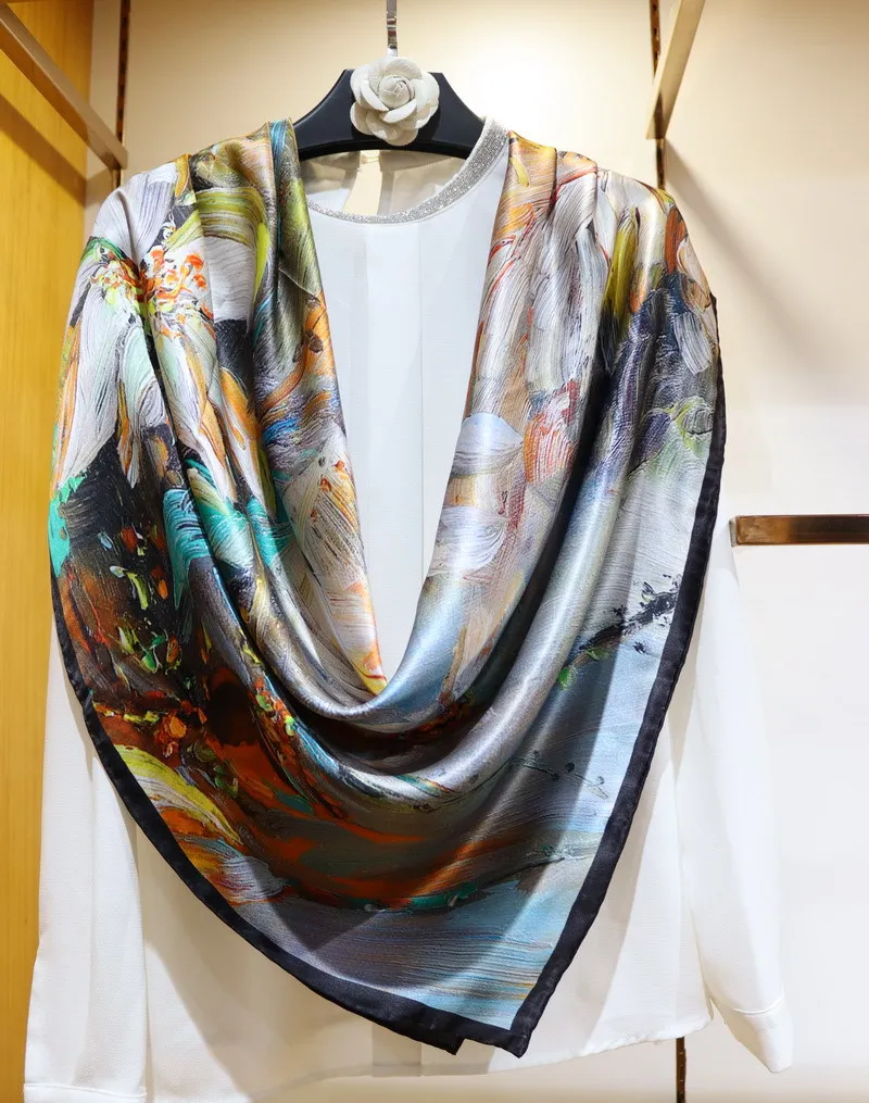 High-end Elegant Women's Exquisite Oil Painting Vibrant Printed Quality Silk Hand-rolled Edge Versatile Large Square Scarf Shawl