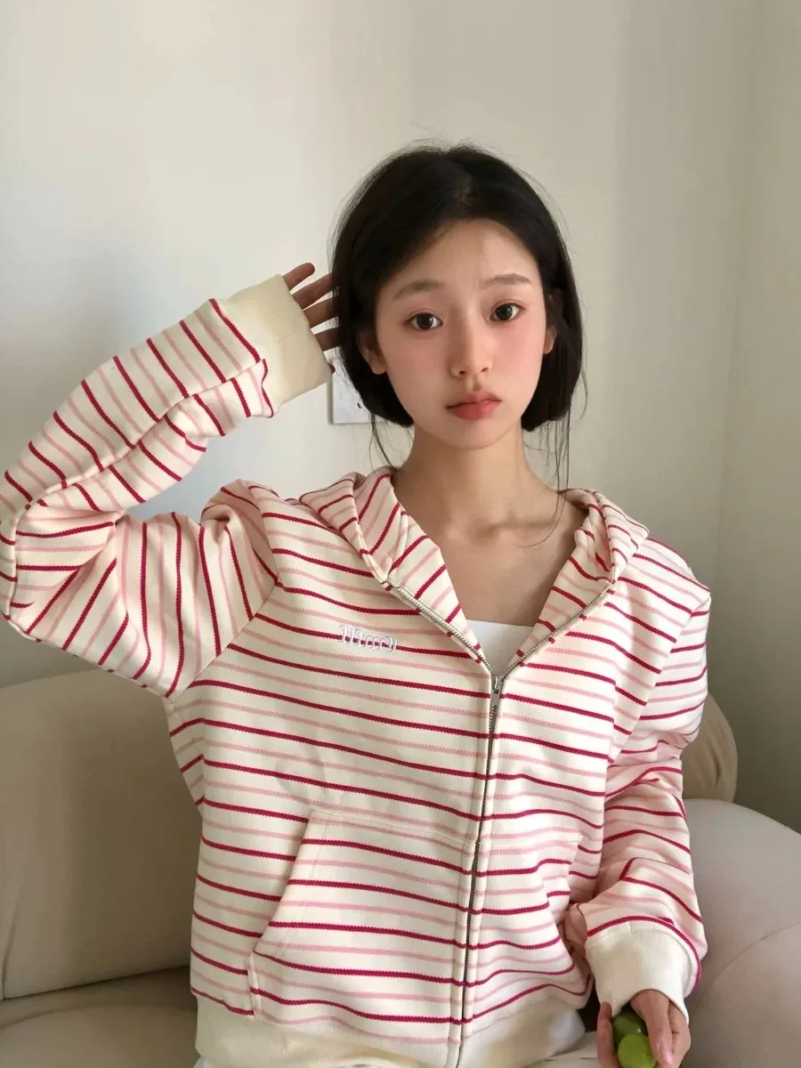 

Женский повседневный шикарный кардиган-худи в полоску, свободного кроя, с высоким воротником, длинными рукавами, в корейском стиле, новинка зимы