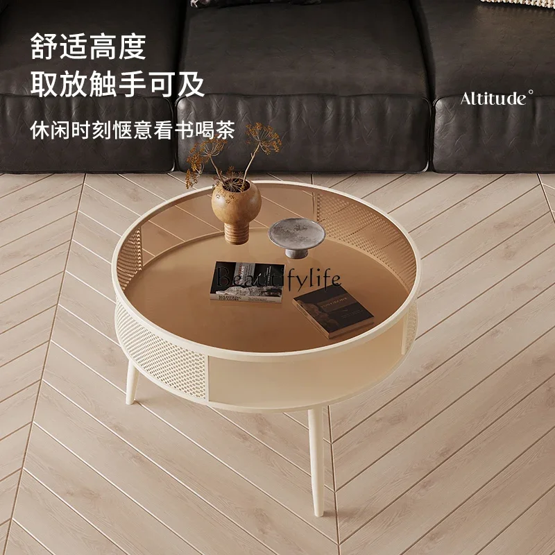 LJYC Cream Style Glass Round Small Coffee Table Light Luxury Simple Tea Table for Small Apartments