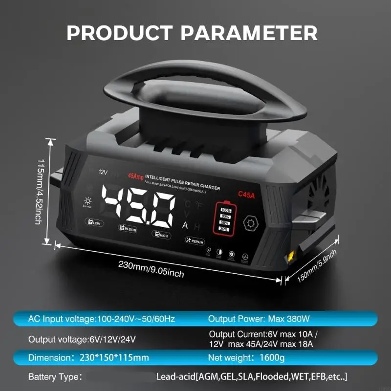 

Профессиональное зарядное устройство C45A 45A для автомобиля, грузовика, мотоцикла с режимом ремонта H8WD