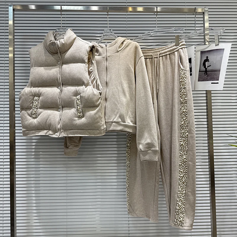 Women's Fashion Three Piece Set Winter New Heavy Pearl Edge Cotton Vest + Zipper Sweatshirt + Fleece Casual Pants Set