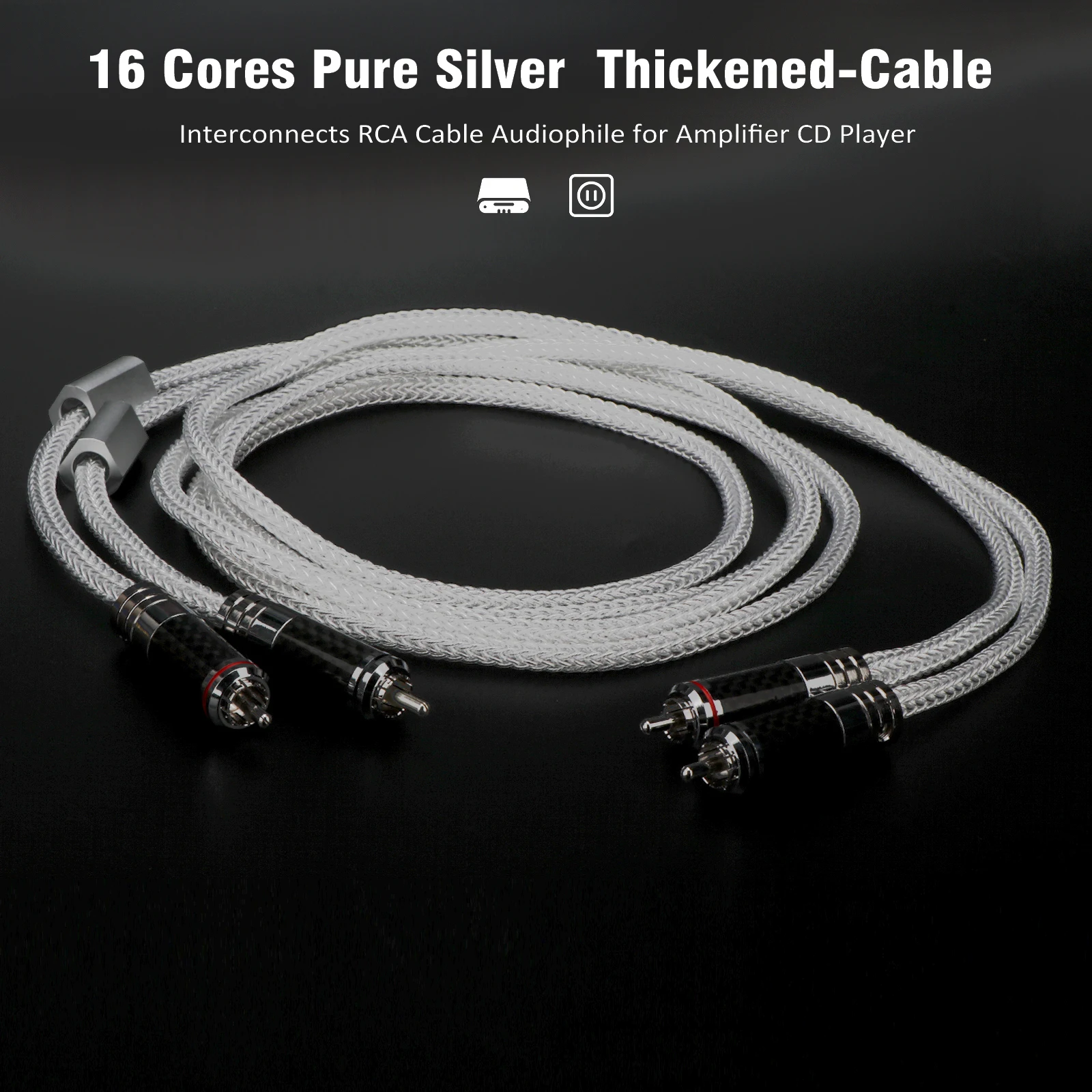 Pair 4N Pure Sliver RCA Audio Interconnect Cable Solid PSS Pure Silver Core Rhodium Plated Plug