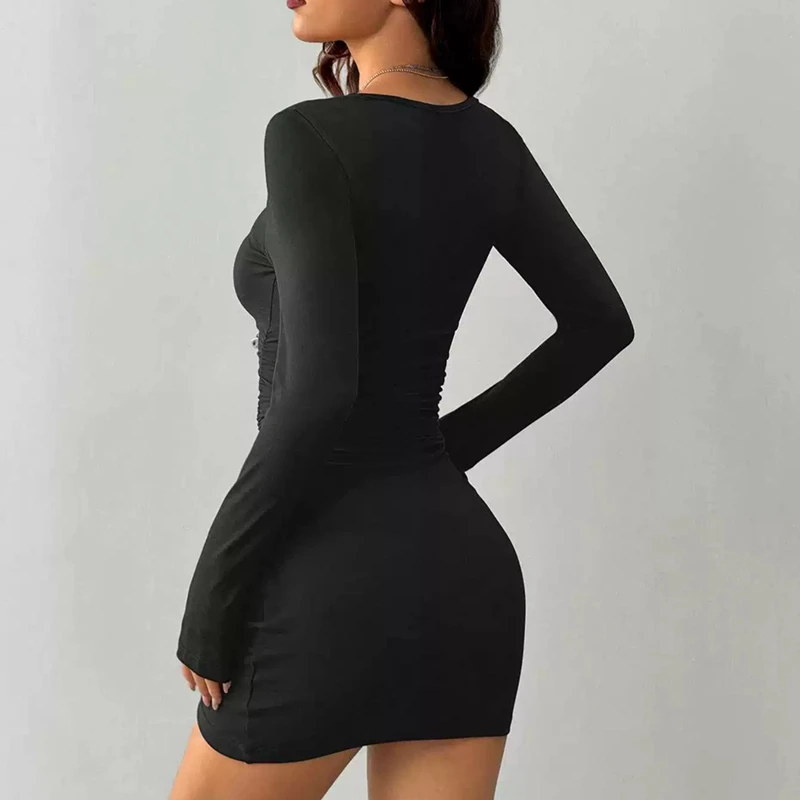 فستان قصير أنيق للسيدات أسود برقبة على شكل حرف U وأكمام طويلة فستان نسائي مثير للنادي بأكمام طويلة فستان ضيق للنوادي الليلية والعطلات العائلية