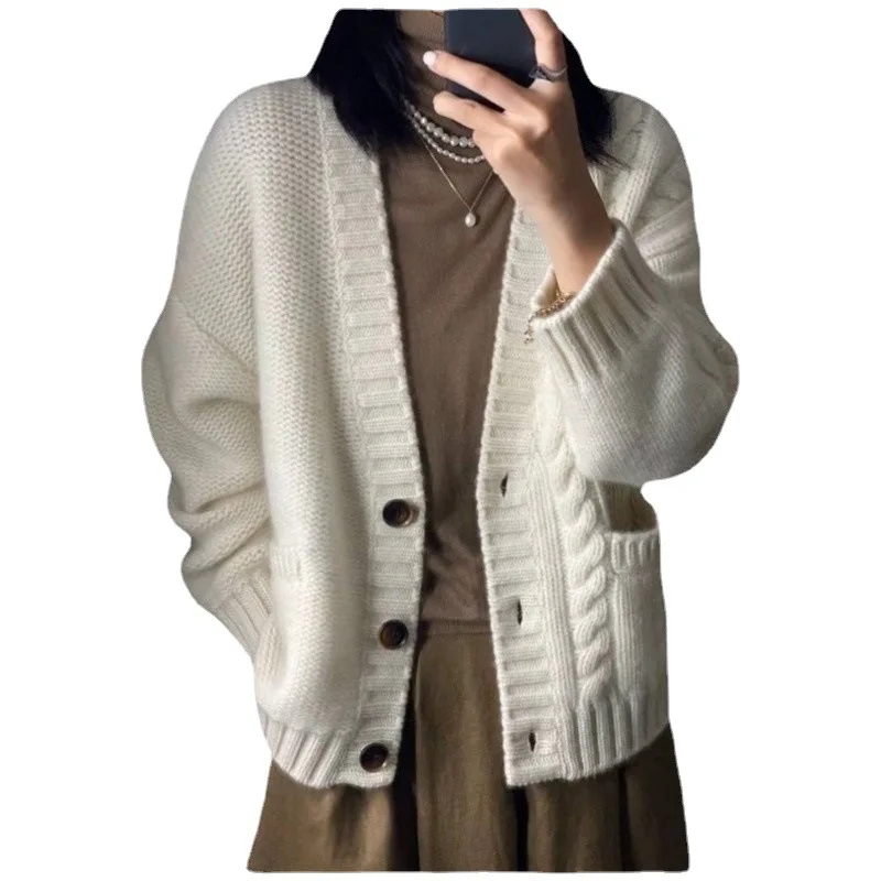 V-neck Short Knitted Cardigan Women Fall Winter Thickened Korean Casual Loose Long sleeve Sweater Outerwear 3 Colors