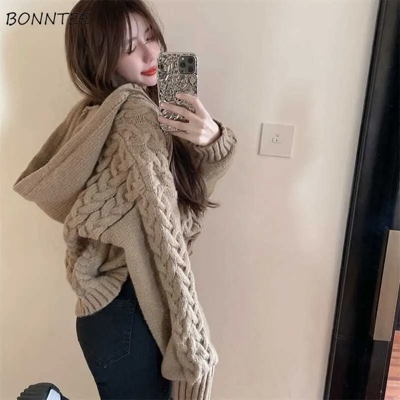 

Twisted Sweater Women Knitted Cardigan Autumn Hooded Solid Casual Loose-fitting Shot Cute Comfortable Warm Trendy All-match