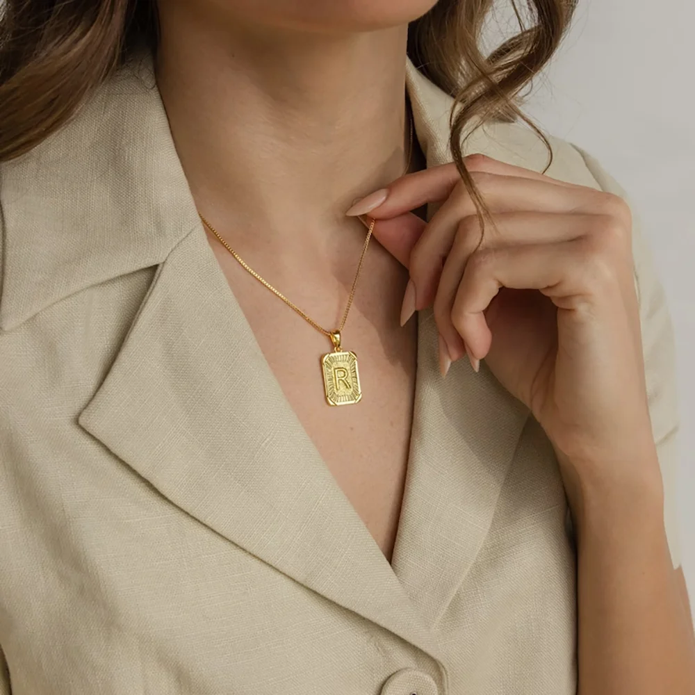 Initials Pendant Letter Necklace for Women Gold Color Square Alphabet Charm Box Link O-Chain Couple Pendant Jewelry Dropshipping