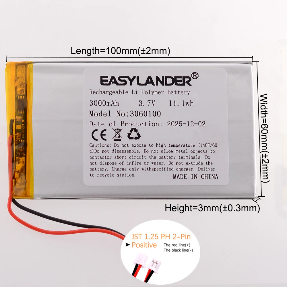 JST MX1.25mm 2Pin 6060100 3.7V 5000mAh Lithium Li-ion Polymer Battery 3060100 4060100 5060100 7060100 8060100 9060100 1260100