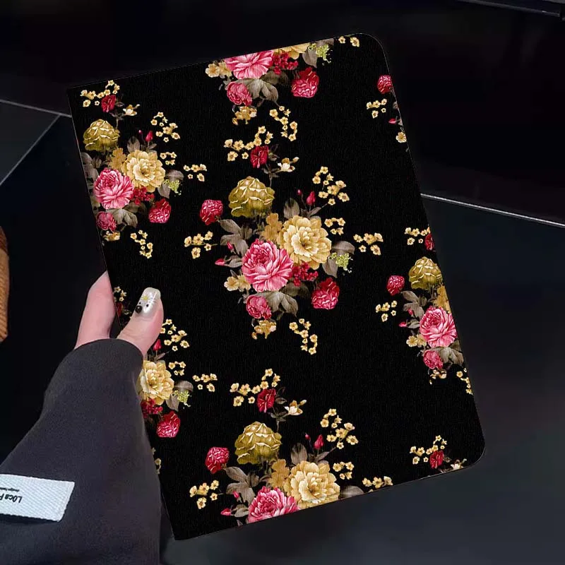 

Vintage Floral Pattern Black Tablet Case For Huawei Honor MatePad MediaPad Air 5 6 7 11 V6 V7 V8 V9 X9 X8 T10 T10s C5e T5 Gift