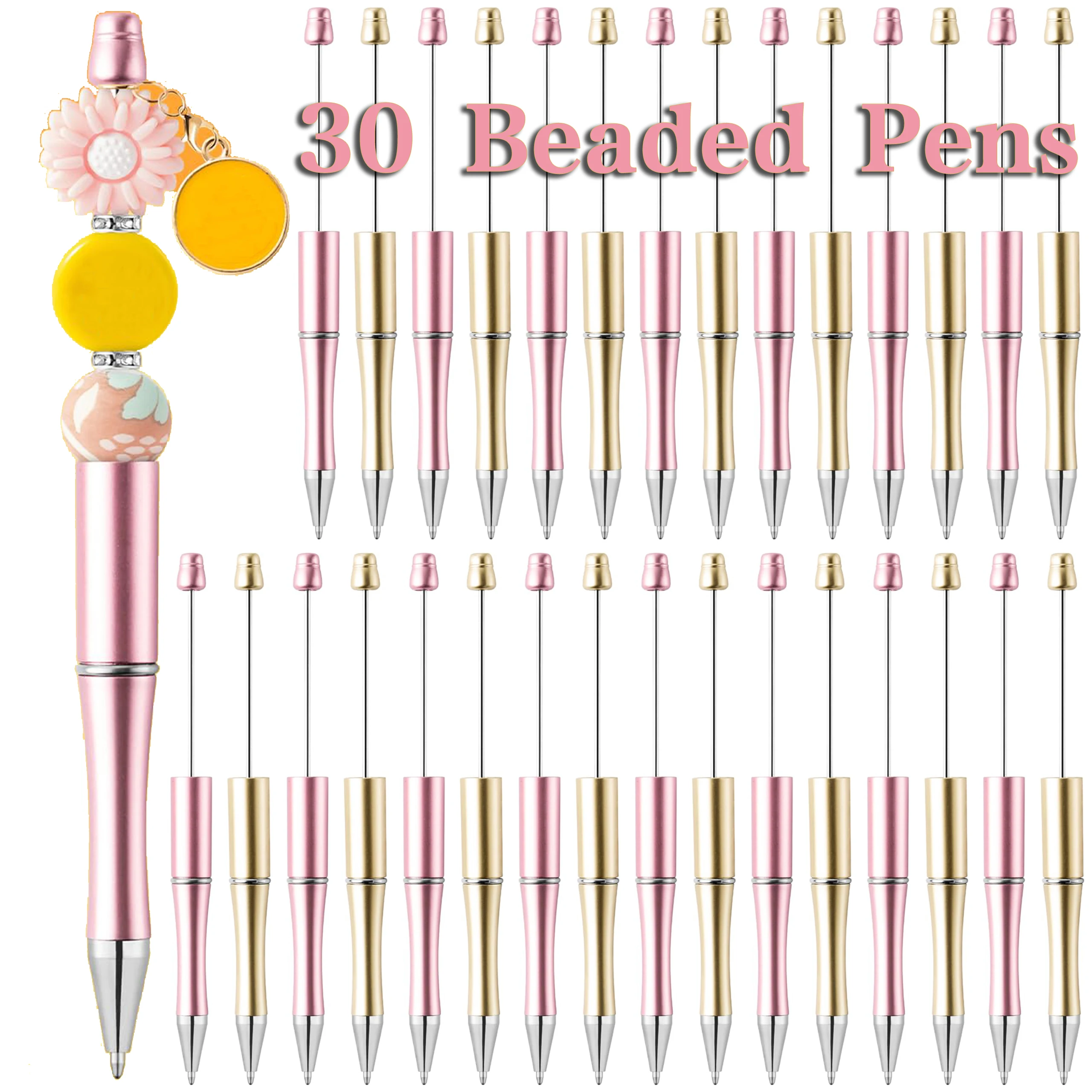 

30Pcs Beadable Pens Gold and Pink Bead Ballpoint Pen Black Ink Beaded Pens for DIY Kid Student Office