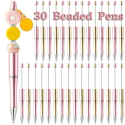 30Pcs Beadable Pens Gold and Pink Bead Ballpoint Pen Black Ink Beaded Pens for DIY Kid Student Office