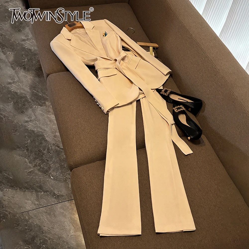 

TWOTWINSTYLE Casual Solid Two Piece Sets For Women Lapel Long Sleeve Top High Waist Pants Chic Set Female Fashion New KSE508531