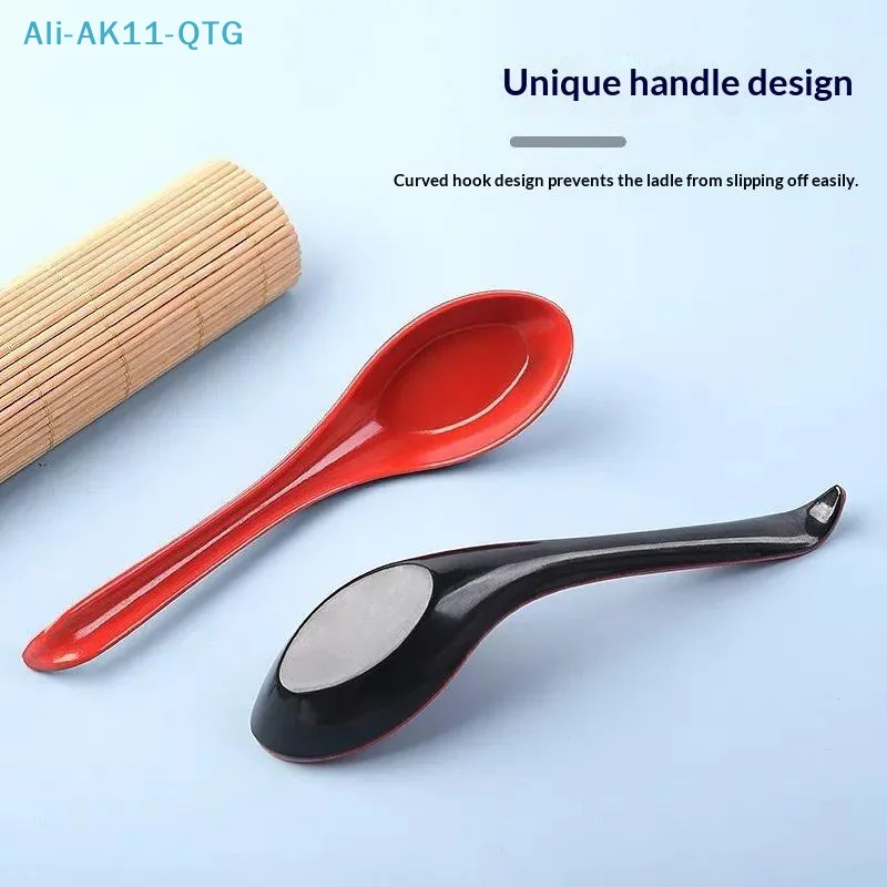 NEW 2pcs Japanese Style Melamine Red Black Soup Spoon Long Handle Simulated Ceramic Ramen Spoon Drop-resistant Heat-resistant
