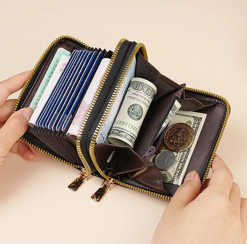 Black Rose Cat Cards Wallet Secure Double Zip Clutch PU Leather Purse with Card Slots Cartoon Storage Card Bag