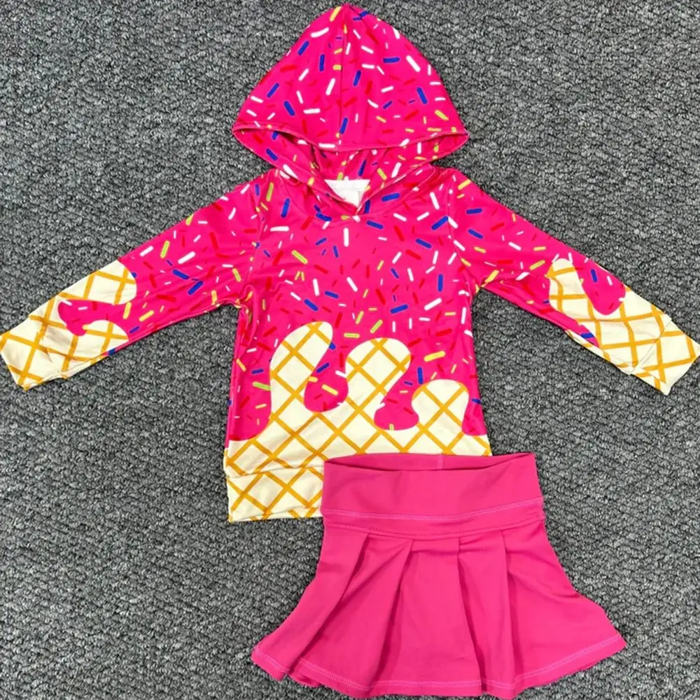 

Одежда для маленьких девочек Ярко-розовая капельная толстовка с капюшоном для маленьких девочек Топ Йога Skort Командные комплекты