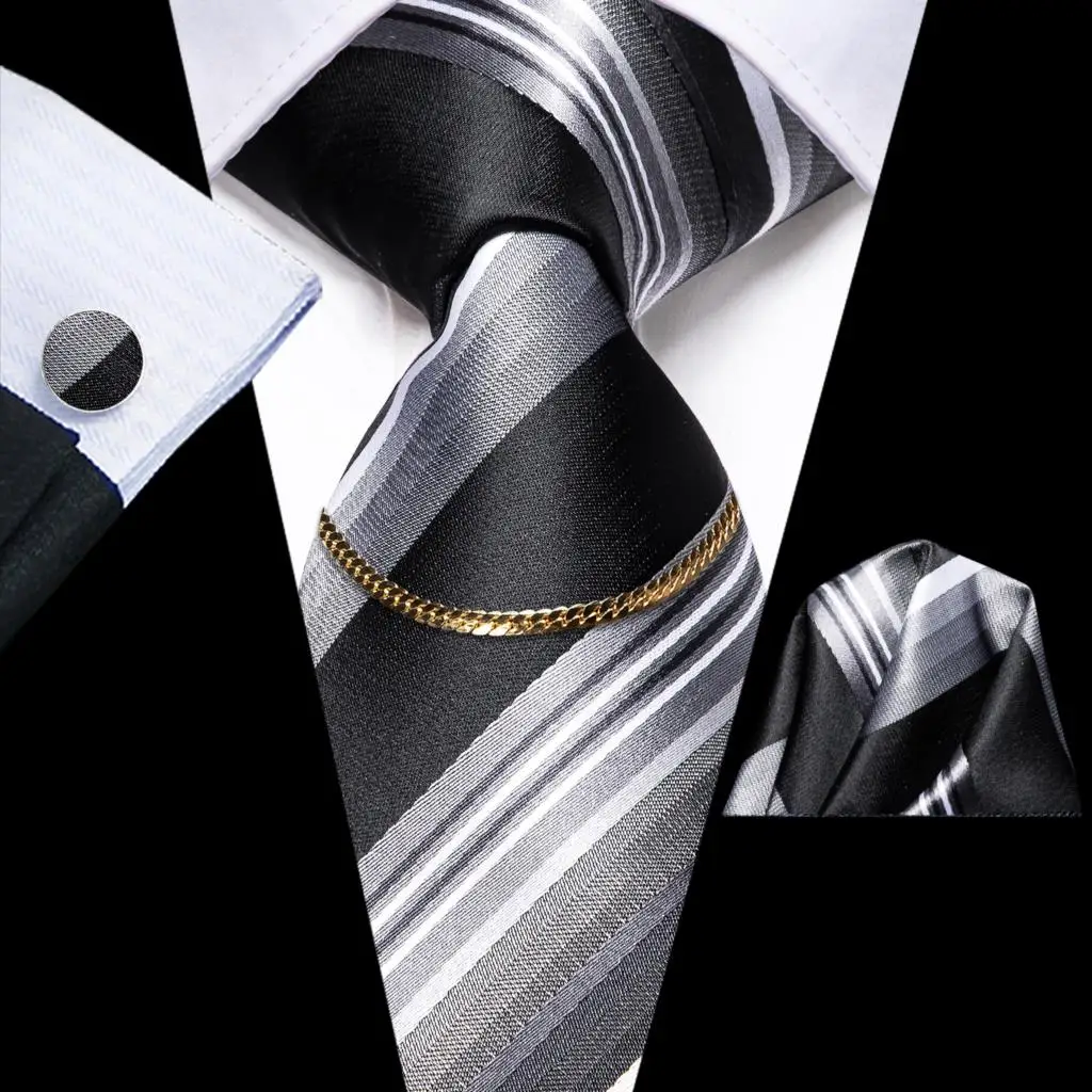 

Striped Black Grey 2023 Luxury Silk Men Tie Fashion Necktie Chain Hanky Cufflink Gift For Men Wedding Hi-Tie Designer Wholesale