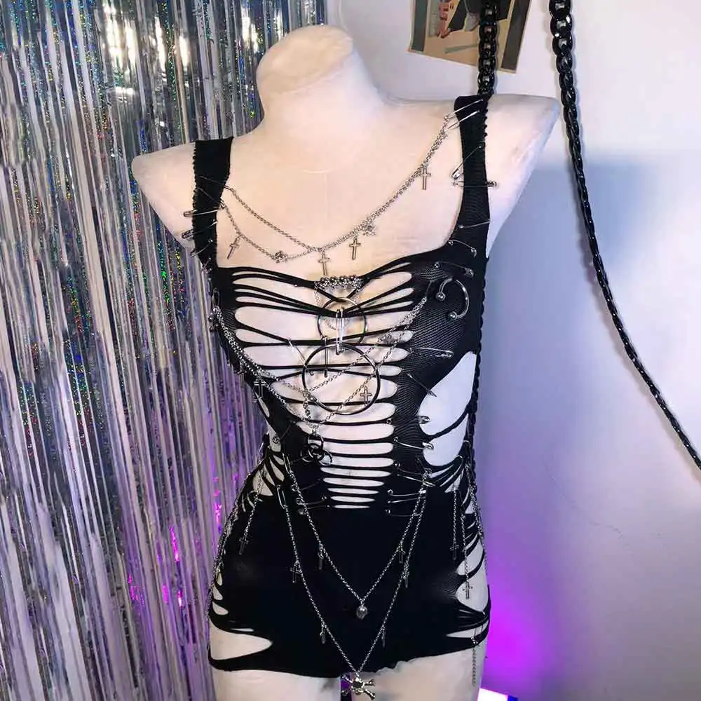 Cadena Punk Rock Harajuku hecho a mano gótico DIY Club Wear Eco Emo Grunge cráneo adolescente Y2K TOPS vestido gótico Kawaii Pin E-Girls 90s