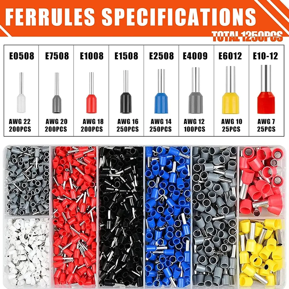 1250pcs Copper Crimp Connector Kit Wire Insulated Ferrule Sleeve Tubular Terminals AWG 22-8 Wire End Ferrule Crimp Pin Connector