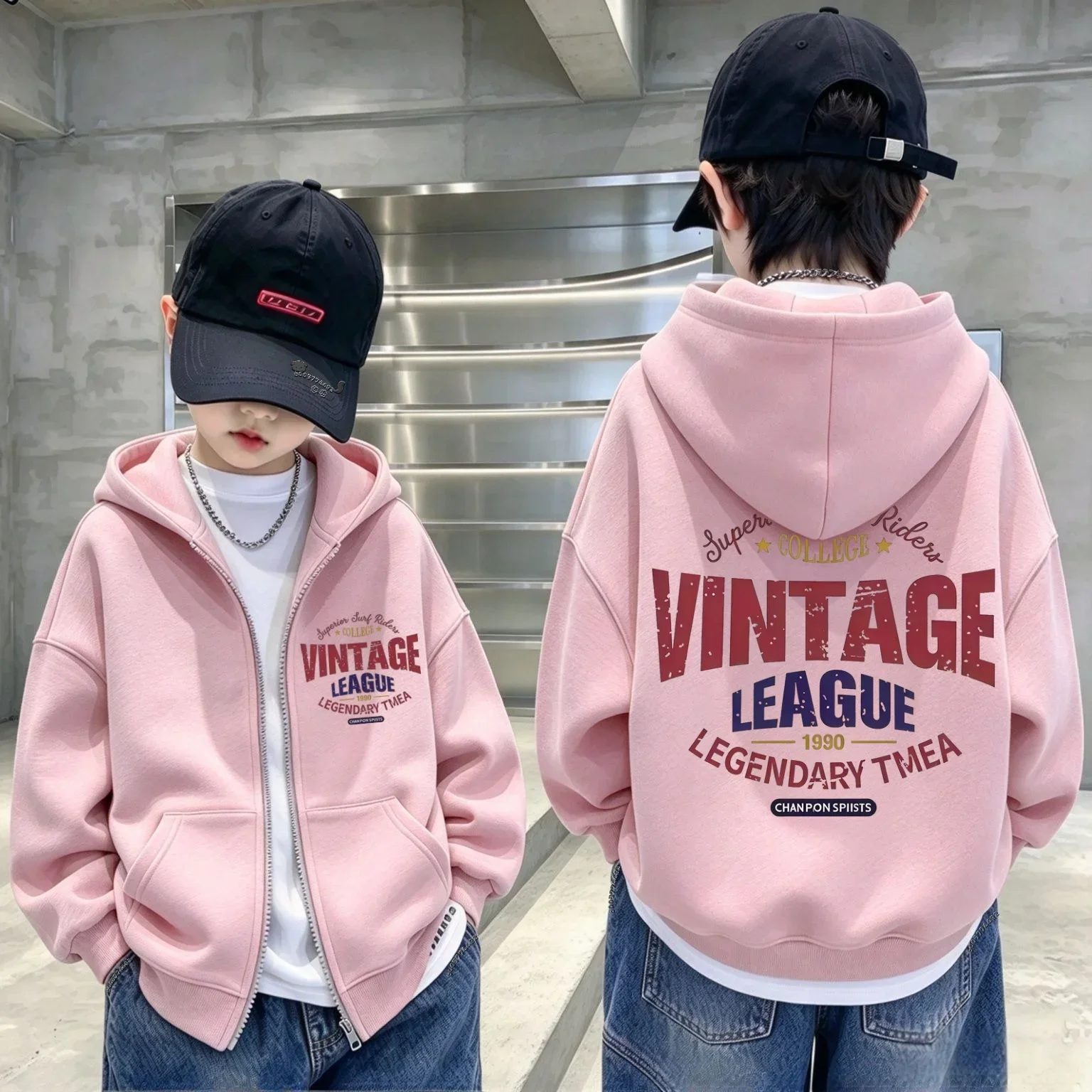 Children's Zip-up Hoodie with Letter Print; Street-style Hooded Jacket for Boys and Girls; Long-sleeve Winter Sweatshirt.