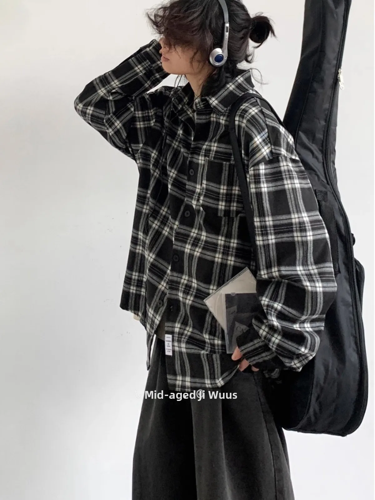House Roof Lazy  Japanese Retro College Style Black White Plaid Long Sleeve Men's Loose Casual Versatile Shirt Spring Yout...