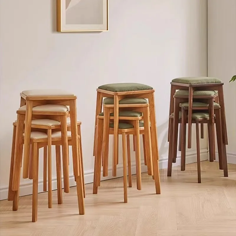 Light Luxury Square Stools Stackable Solid Wood Dining Stools Minimalist Round Ottoman for Living Room Space Saving Guest Chair