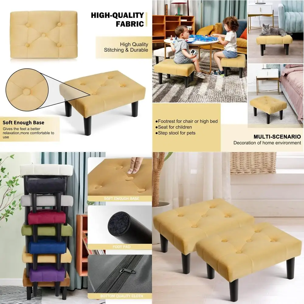 

Yellow Velvet Foot Stool Ottoman Set of 2, Wooden Legs, Living Room/Office Seating