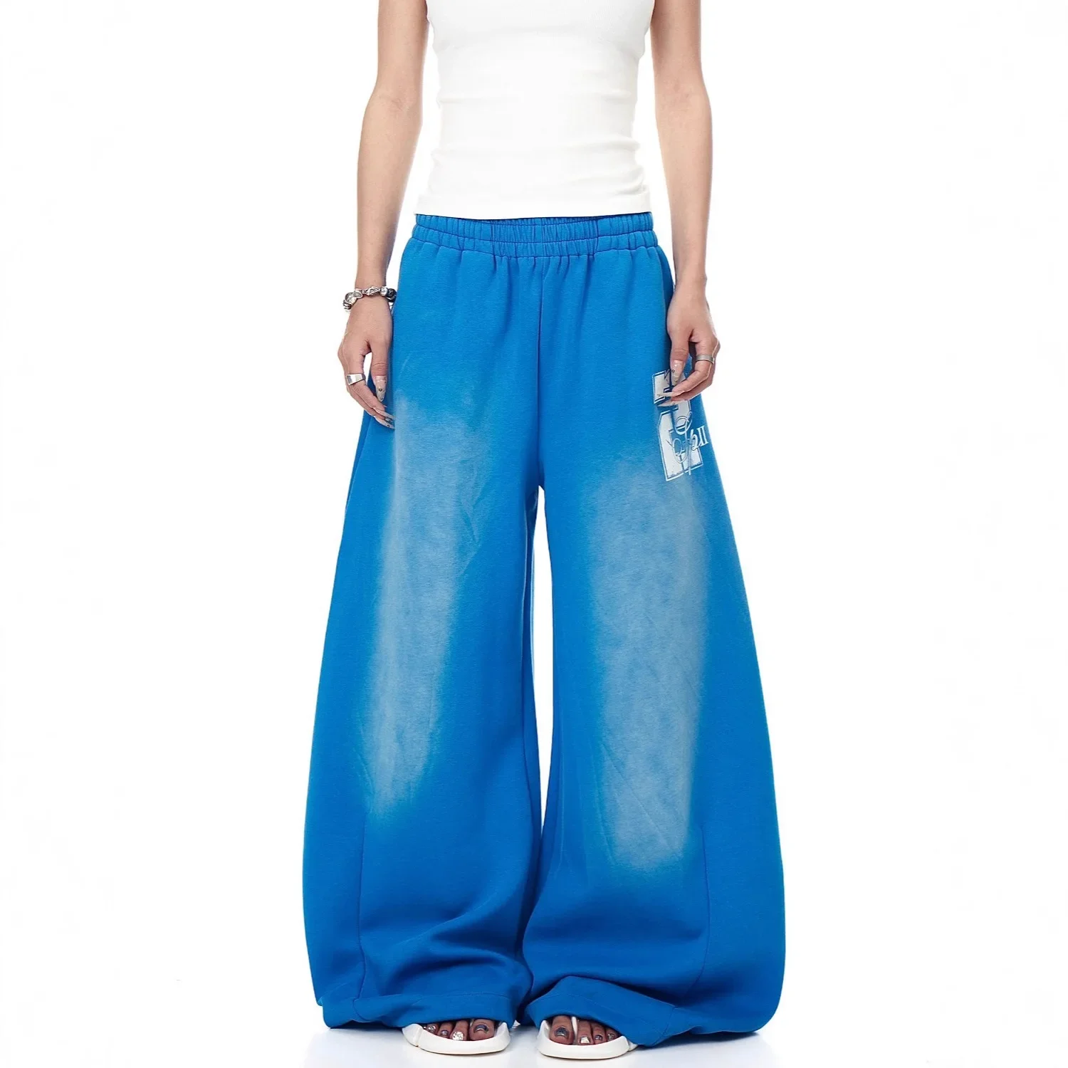 بنطال رياضي كاجوال فضفاض بتصميم أزرق كلاسيكي أمريكي بطول الأرض للرجال والنساء برباط خصر مرن