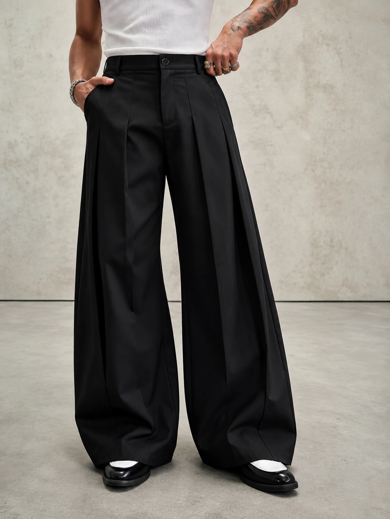 Men Wide Leg Baggy Pants High Waist Pleated Loose Fit Casual Streetwear Black Polyester Dress Trousers Oversized Palazzo Pants