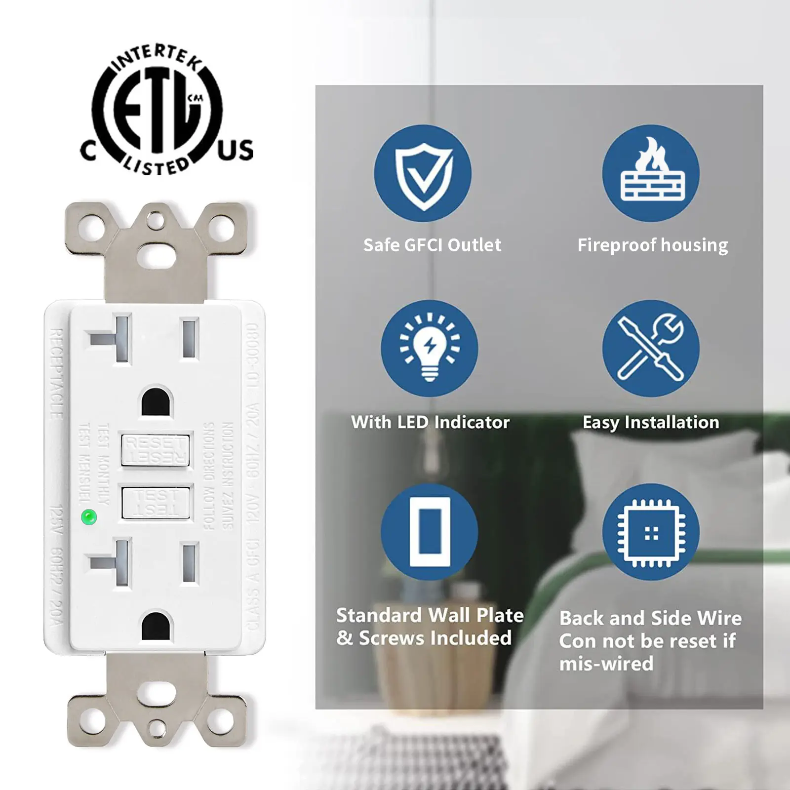 20A GFCI Outlet White Safety Socket With Wallplate Ground Fault Circuit Interrupter ETL Listed Non-TR Safety Receptacle