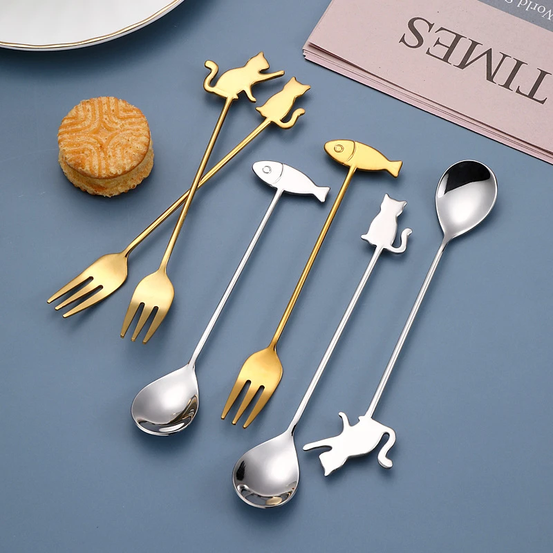 Creative Stainless Steel Coffee Stirring Spoon Cartoon Cat Fish Hanging Cup Teaspoon Fruit Dessert Fork Milk Ice Cream Tableware