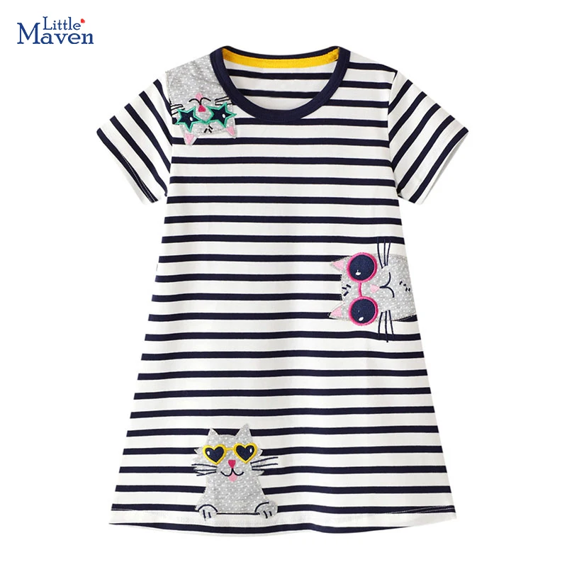 Little Maven Kinderkleidung, Kinderkleidung, Baby-Mädchen, 2025, Sommer, Baumwolle, bestickt, Cartoon-Katzen, gestreifte Kleider, Geschenke