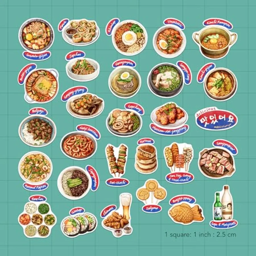 ملصقات الطعام الكورية الأصلية 28 قطعة - ملصقات طهي سيول المصورة يدويًا لمجلات كتب الطبخ والكمبيوتر المحمول