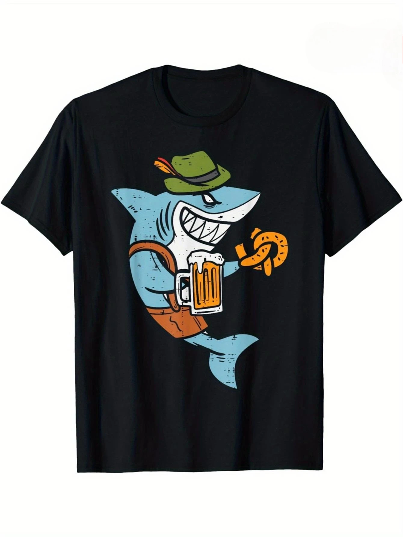 تي شيرت رجالي لمهرجان أكتوبر فيست القرش البافاري لمهرجان البيرة - زي حفلة ألماني مضحك مع قرش كرتوني في قبعة خضراء Lederhosen #1