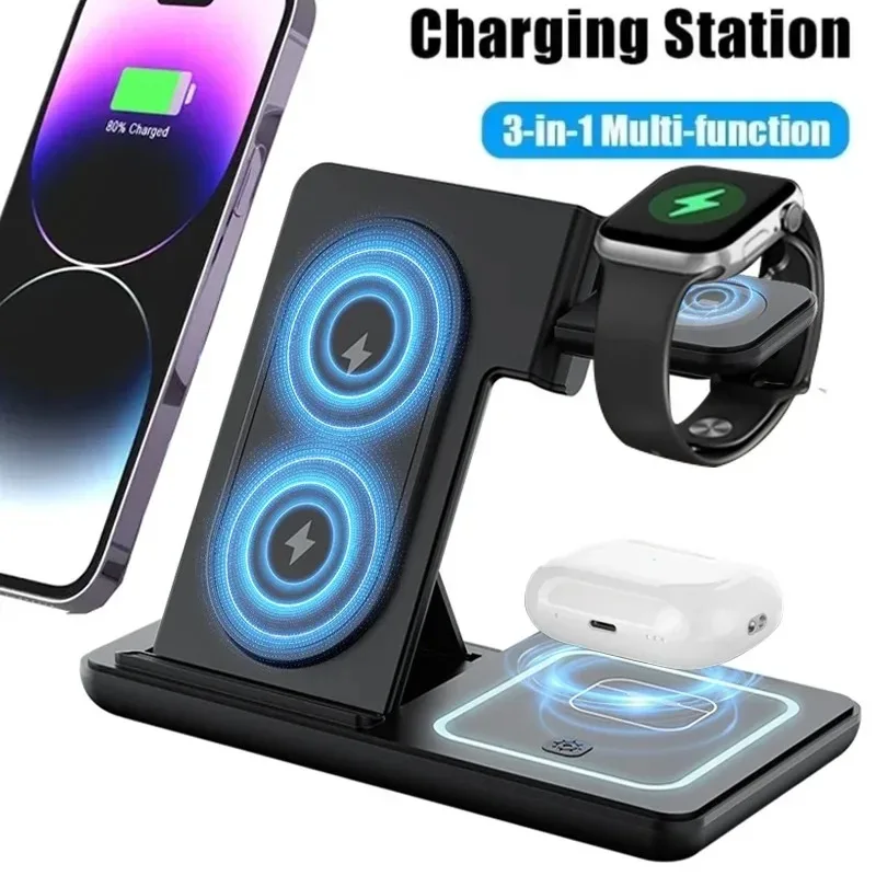 

Складная подставка для беспроводного зарядного устройства 3 в 1, ночная светодиодная подсветка для iPhone, Samsung, Apple Watch 2-11 SE Airpods Pro, станция быстрой зарядки