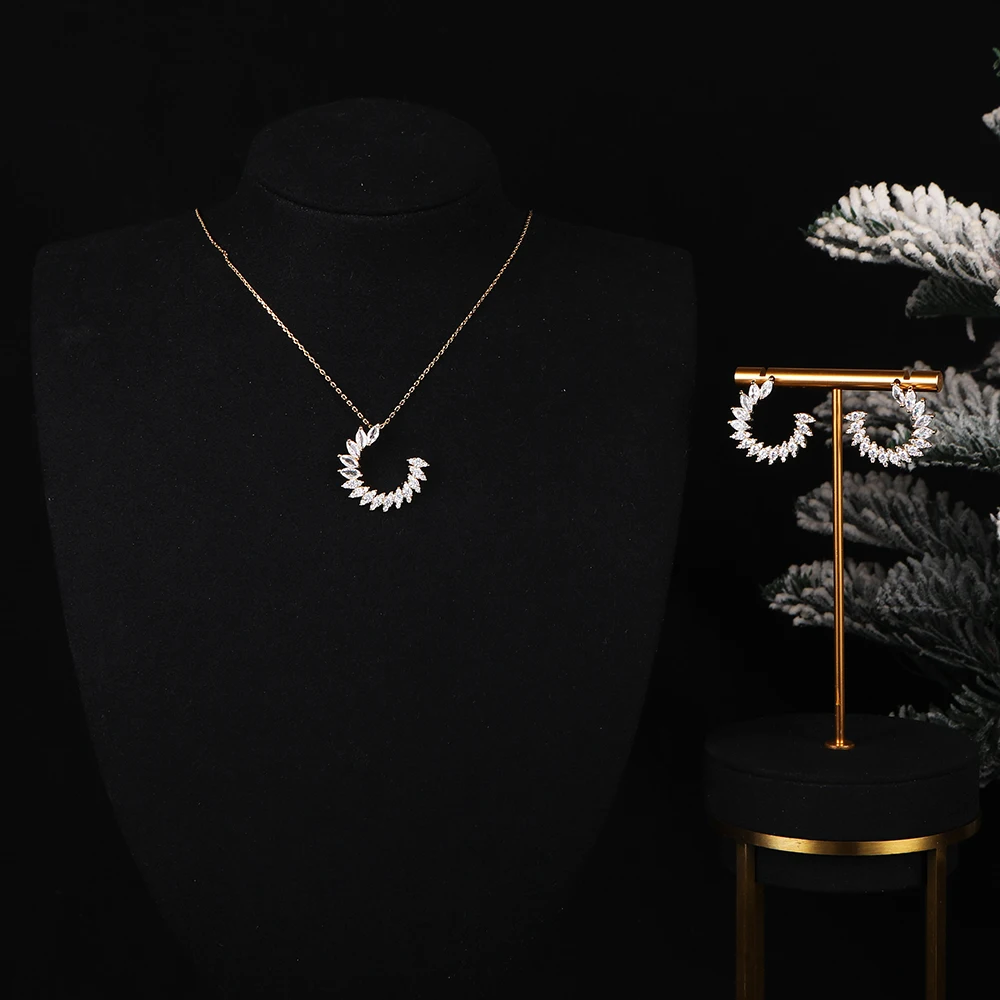 

Luxury Geometric Hollow Out Trendy Long Necklace Earring Jewelry Sets For Women Wedding Party Zircon Dubai Bridal Jewelry S655
