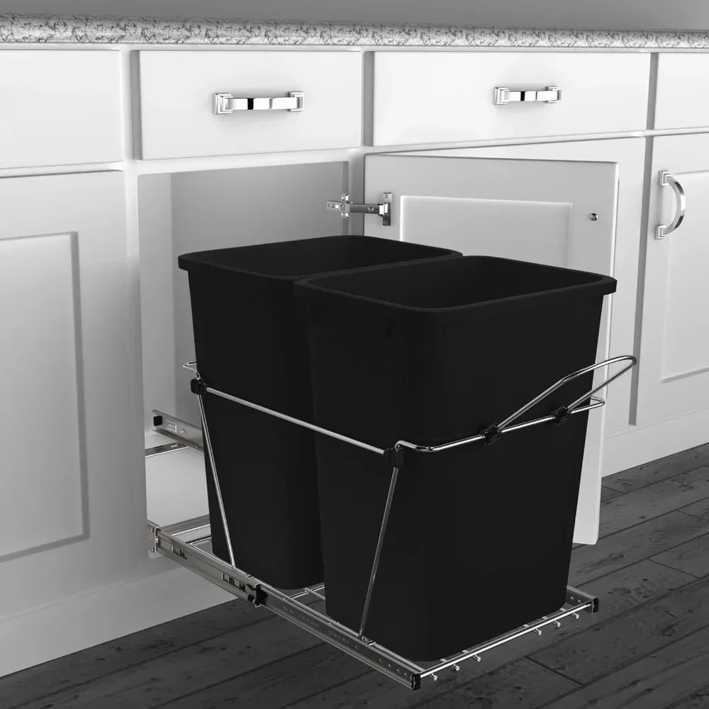 Double Pull Out Trash Can for Under Kitchen Cabinets 35 Qt 12 Gal Garbage Recyling Bin on Full Extension Slides