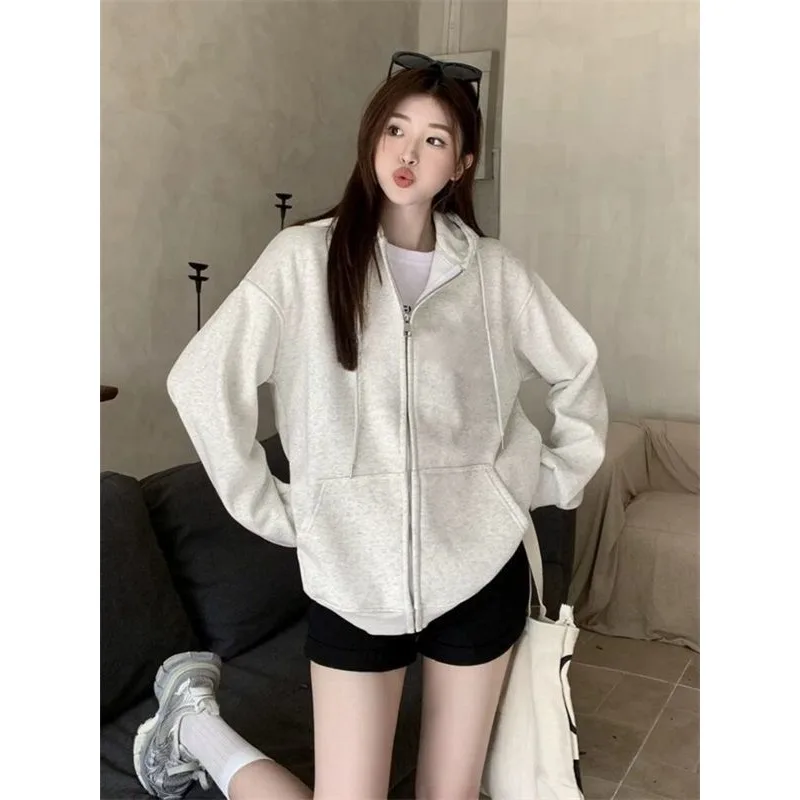 

Super Popular Hooded Sweatshirt for Women Autumn Winter Thin Zipper Jacket Loose Korean Style Cardigan Top