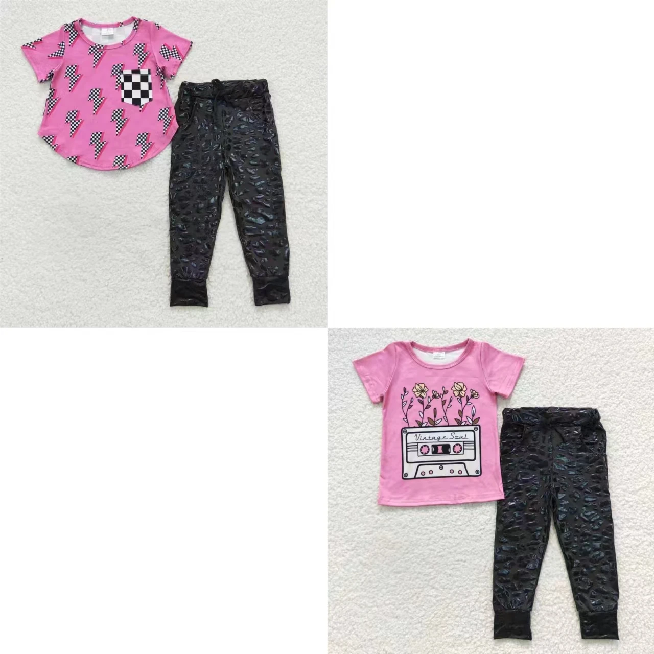 

Wholesale Infant Black Leather Pants Set Baby Girls Short Sleeves Flower Checkered T-shirts Kids Toddler Children Infant Outfit