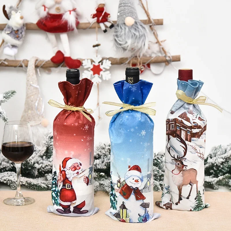 Creative Christmas Wine Bottle Set Golden Velvet Dress Wine Bottle Covers Sleeve Santa Snowman Xmas New Year Dinner Table Decor