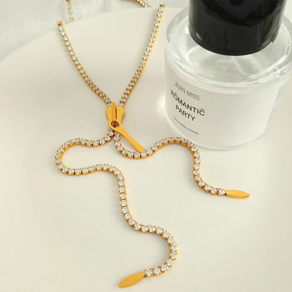

316L Stainless Steel Full Zircon Long Zipper Necklace for Women Girl Sweater Chain Necklace Gold Color Y Shape Jewelry Punk INS