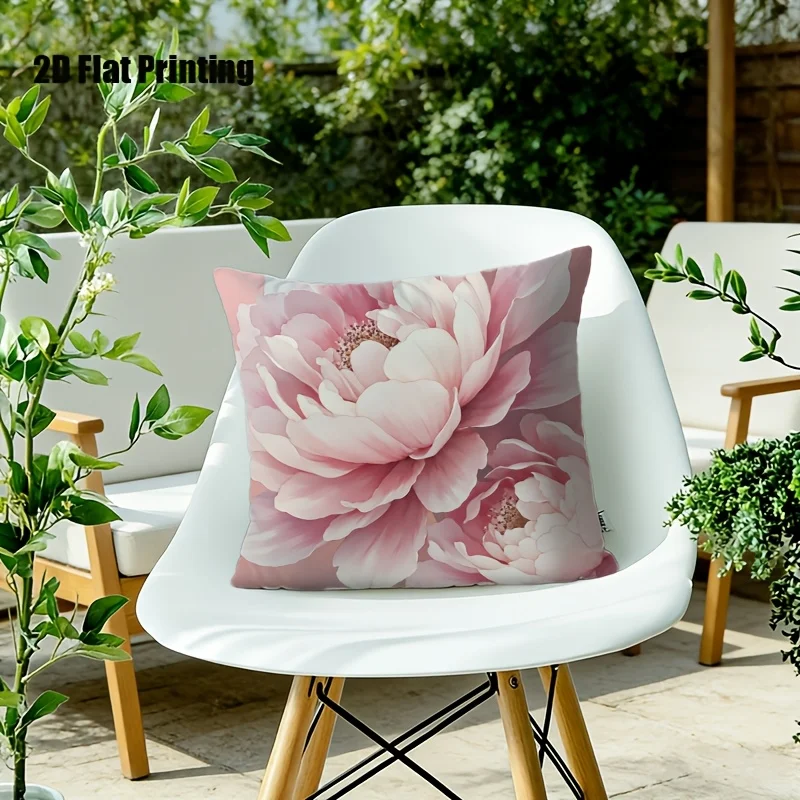 Soft Pink Peony Flower Throw Pillow Cover, 2D Effect Blooming Floral Print Decorative Cushion for Living Room Bedroom Sofa Couch