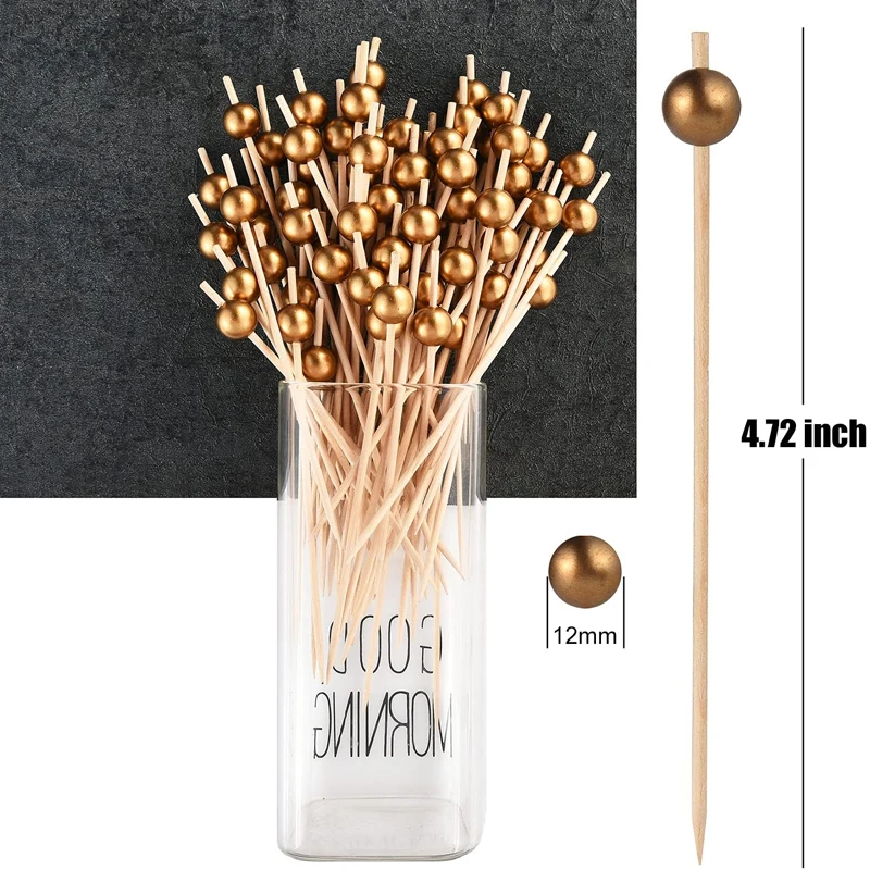 100 Pcs Cocktail Picks, Gold Pearl Fancy Toothpicks for Appetizers, Wooden Food Picks Skewers for Food, Drinks, Fruits Party