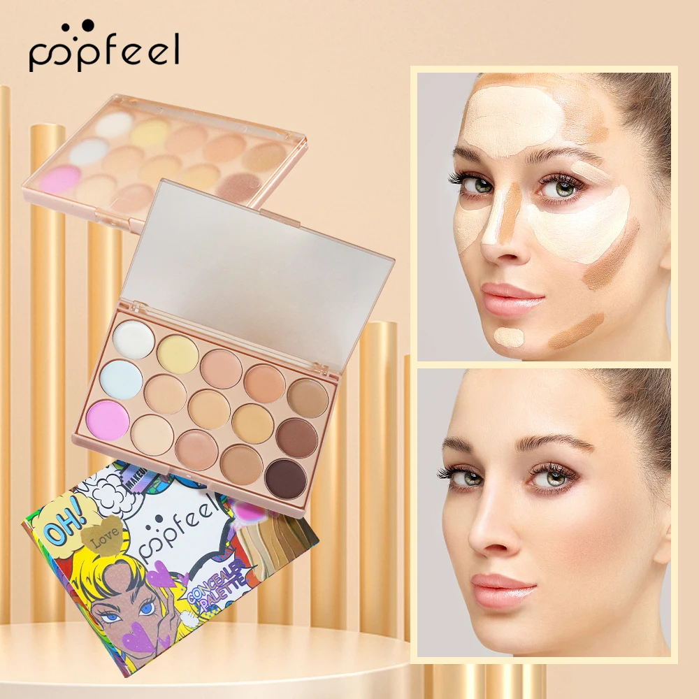 POPFEEL Paleta de contorno corrector facial de 15 colores: kit de maquillaje de cobertura impecable resistente al agua para una corrección perfecta del tono de la piel.