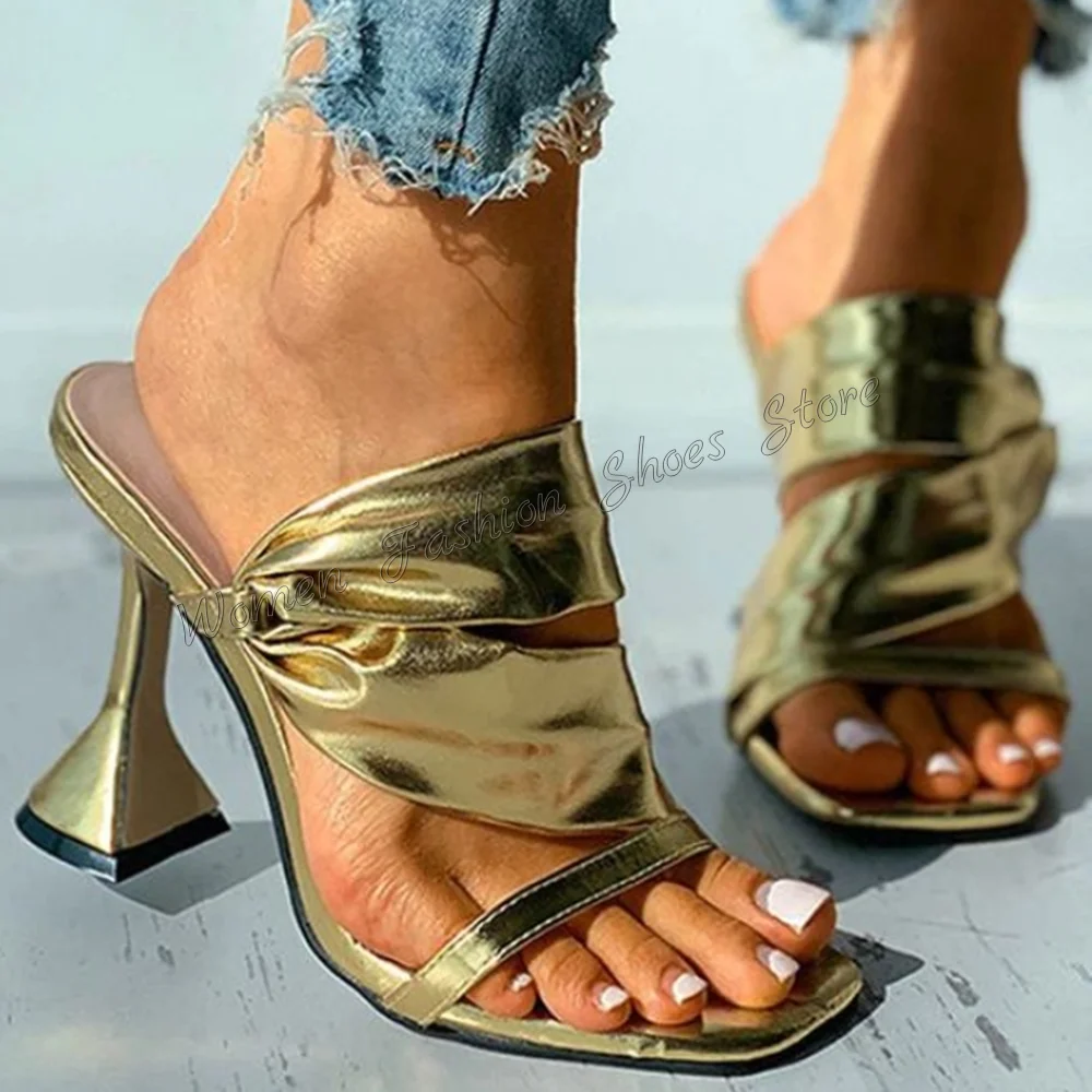 Gold Square Toe Open Toe Slippers Strange Style Heels High Heel Shoes for Women Fashion Heels Shoes 2024 Zapatos Para Mujere