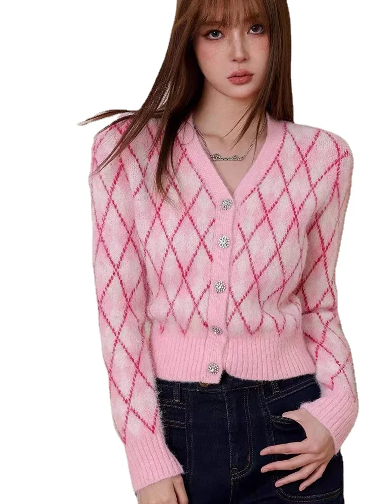 2024 Spring Vintage Pink Argyle Knitted Cardigan Sweater Women Korean Fashion V-neck Long Sleeve Soft Knitwear Tops Mujer Jumper