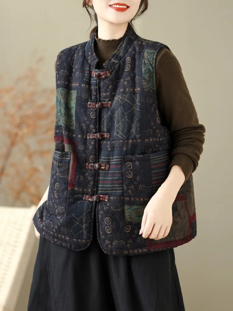 Chinese Style Cotton Linen Print Buttonless Sleeveless Stand Collar Warm Coat Women's Outerwear Artistic Jacket