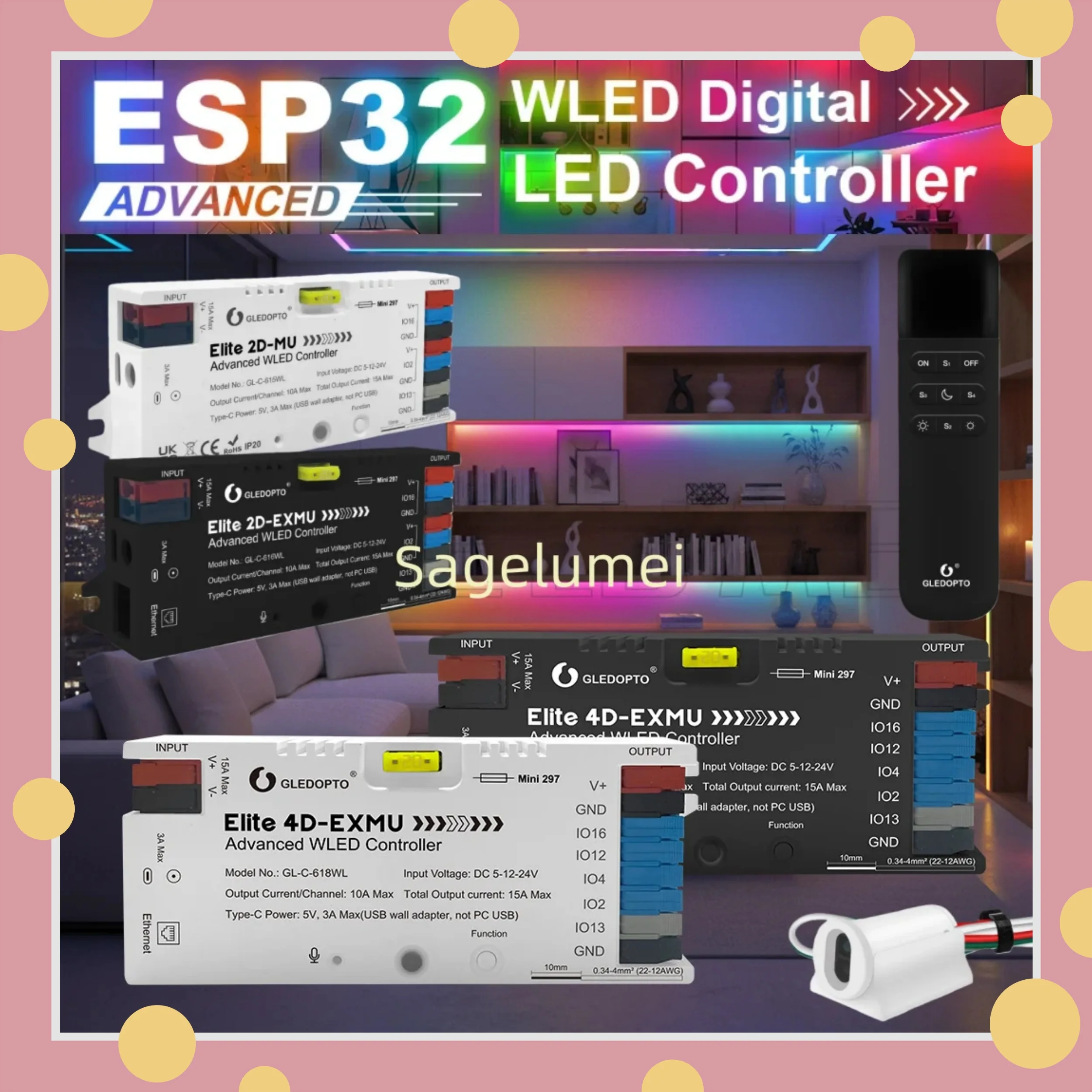 ESP32 WLED Elite Advanced LED Strip Light Controller with 4 Outputs Music Reactive Energy Save Relay DIY Dynamic Light Digital