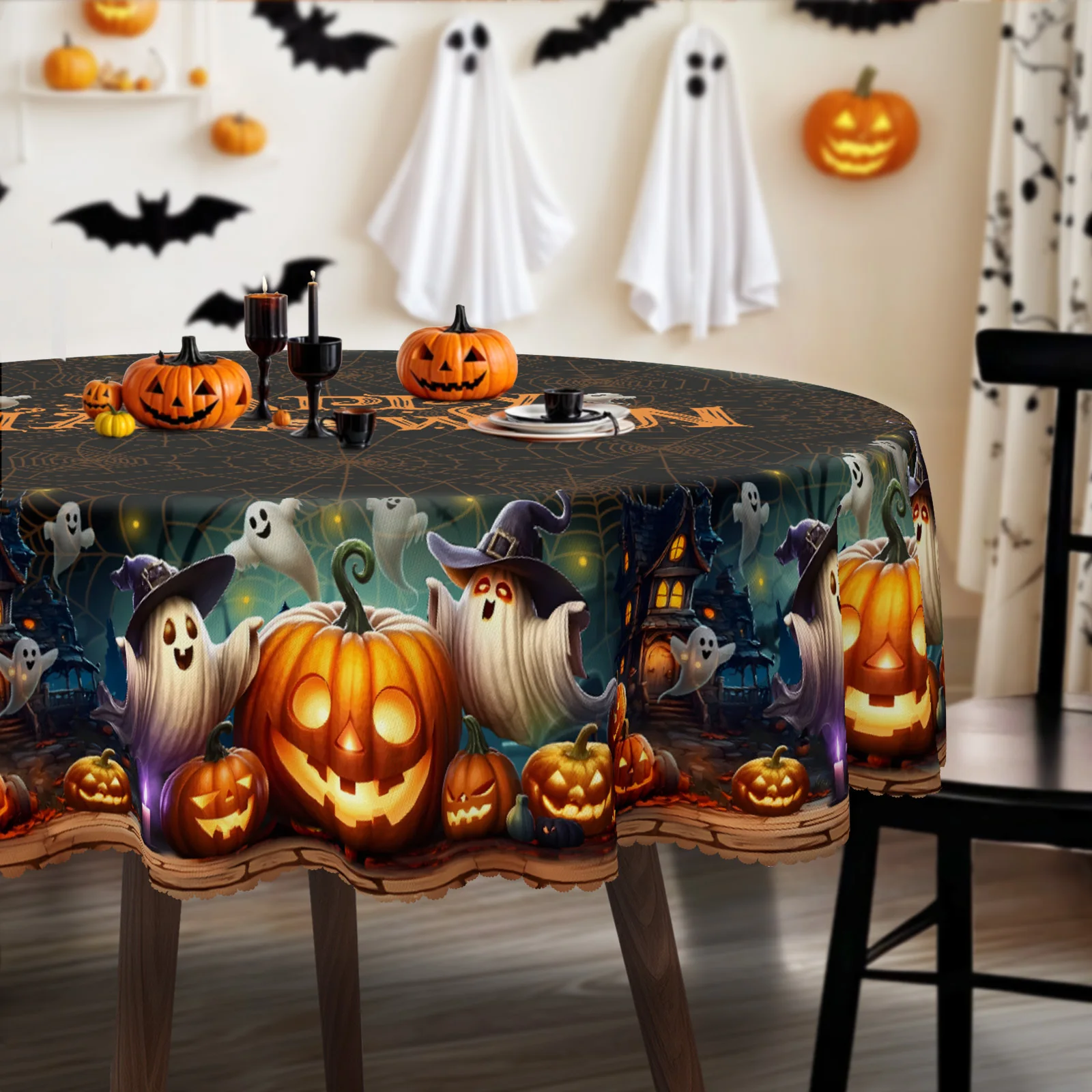 Fall Halloween-themed tablecloth, suitable for Halloween parties, autumn gatherings, available in various sizeszyc